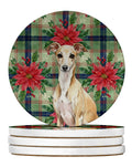 Fawn Italian Greyhound Christmas PoinsettIas Large Sandstone Coasters Pack of 4 Absorbent Round Coasters Decor Gifts for Men or Women, 4 in, Multicolor