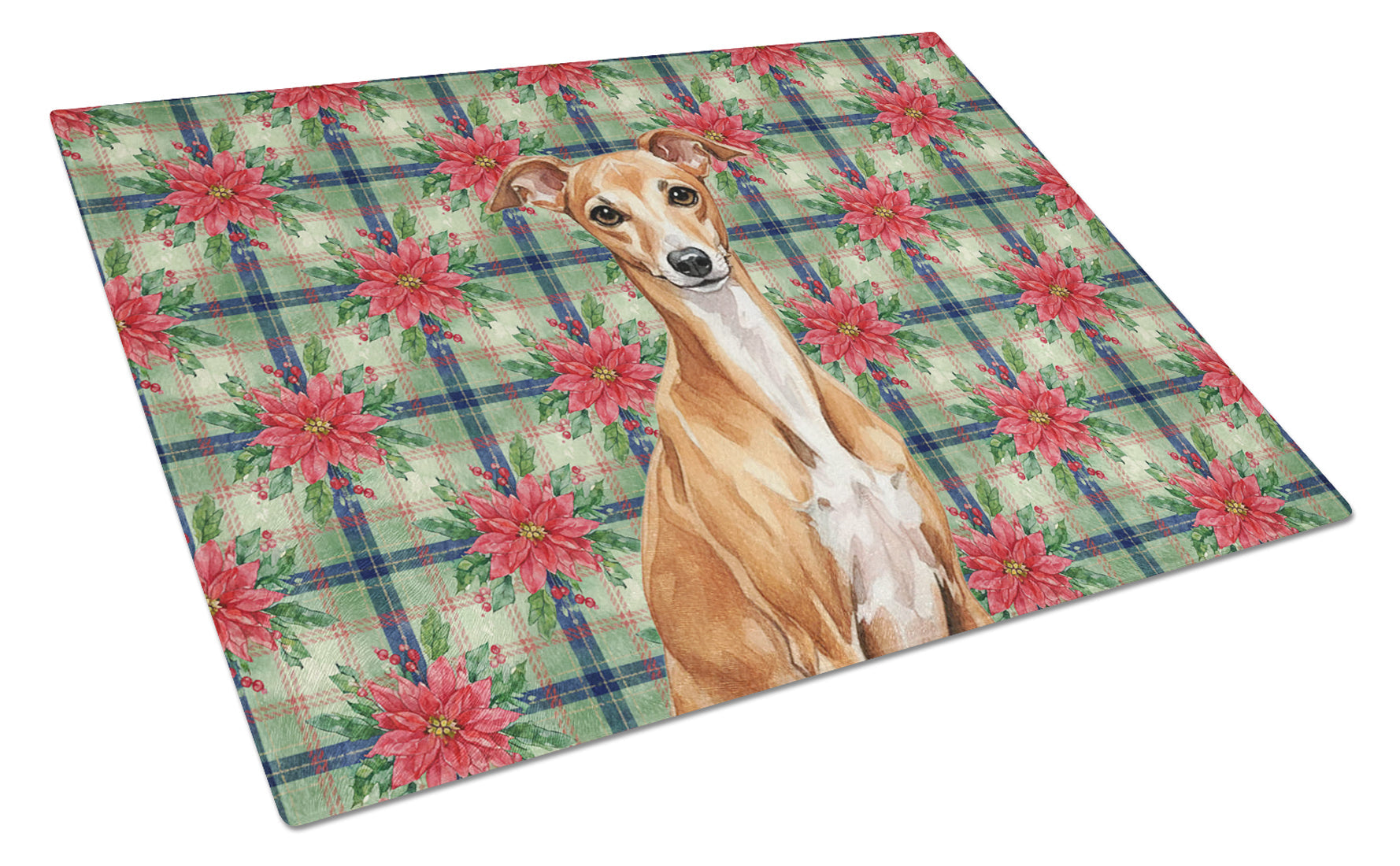 Red Italian Greyhound Christmas PoinsettIas Cutting Board Tempered Glass Kitchen Cutting Surface, Heat Resistant Chopping, Non-Slip Feet, Food Prep & Serving