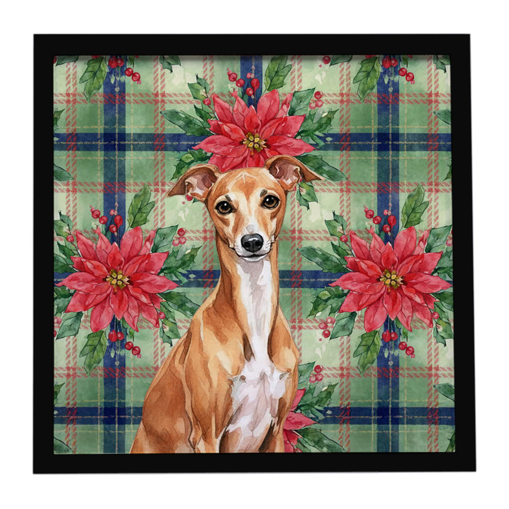 Red Italian Greyhound Christmas PoinsettIas Framed Metal Print Bathroom, Kitchen, Office, Home Decor Wall Art Ready to Hang, Square, 8X8