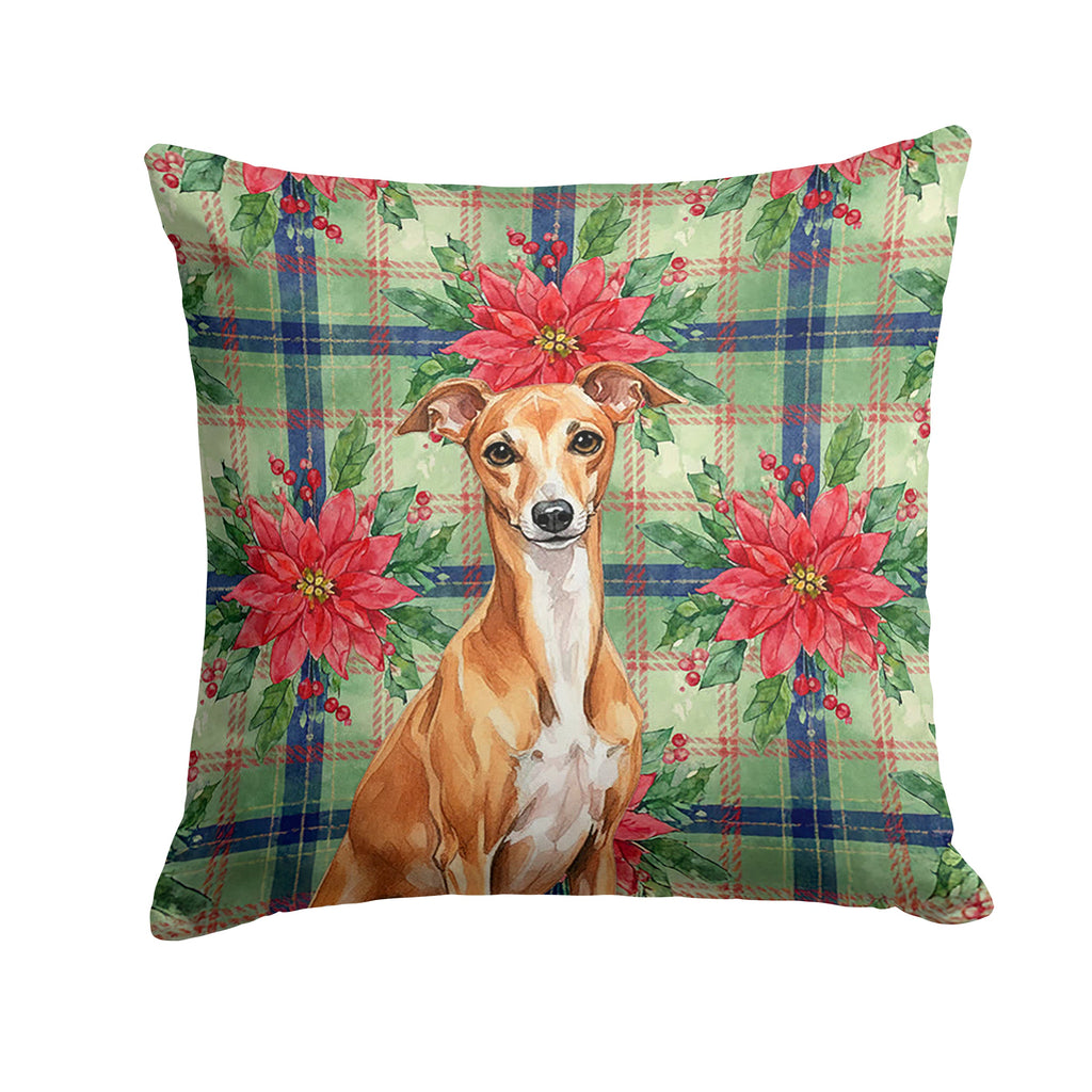Red Italian Greyhound Christmas PoinsettIas Decorative Throw Pillow 18x18 Indoor Outdoor Accent Cushion, Fabric Cover with Insert for Sofa, Bed, Porch & Living Room