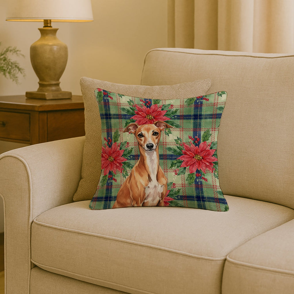 Red Italian Greyhound Christmas PoinsettIas Decorative Throw Pillow 18x18 Indoor Outdoor Accent Cushion, Fabric Cover with Insert for Sofa, Bed, Porch & Living Room