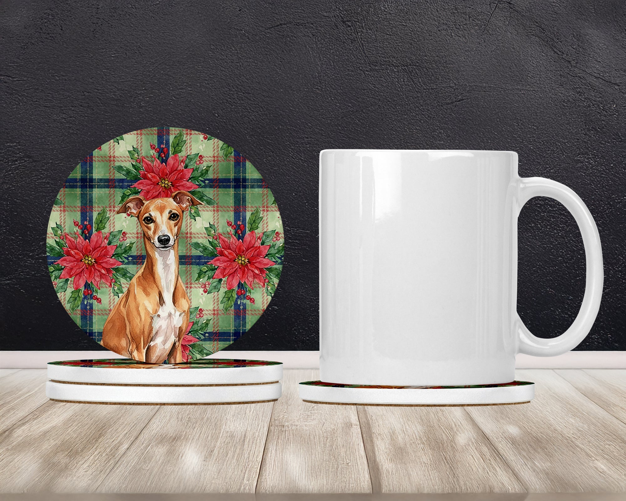 Red Italian Greyhound Christmas PoinsettIas Large Sandstone Coasters Pack of 4 Absorbent Round Coasters Decor Gifts for Men or Women, 4 in, Multicolor