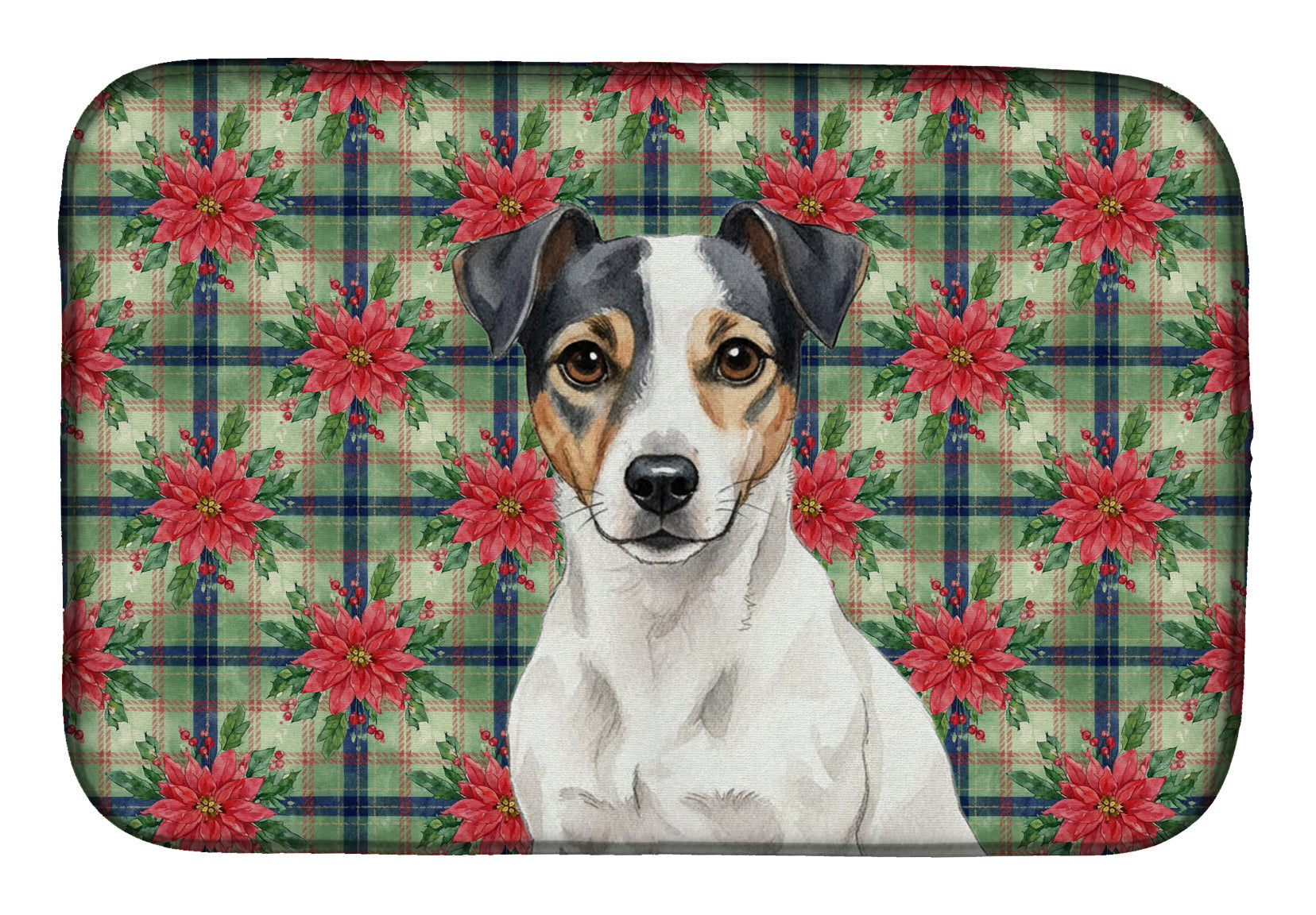 White and Black Jack Russell Terrier Christmas PoinsettIas Dish Drying Mat Absorbent Dish Drying Mat Pad for Kitchen Counter Dish Drainer Mat for Countertop, 14 x 21", Multicolor