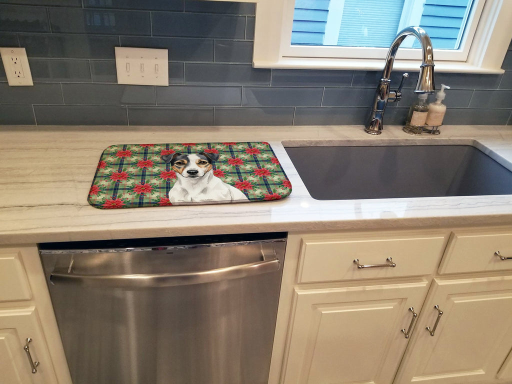 White and Black Jack Russell Terrier Christmas PoinsettIas Dish Drying Mat Absorbent Dish Drying Mat Pad for Kitchen Counter Dish Drainer Mat for Countertop, 14 x 21", Multicolor