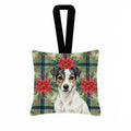 White and Black Jack Russell Terrier Christmas PoinsettIas Hanging Square Fabric Ornament 3.5 � 3.5 Decorative Door-Knob & Tree Hanger, Soft Fabric