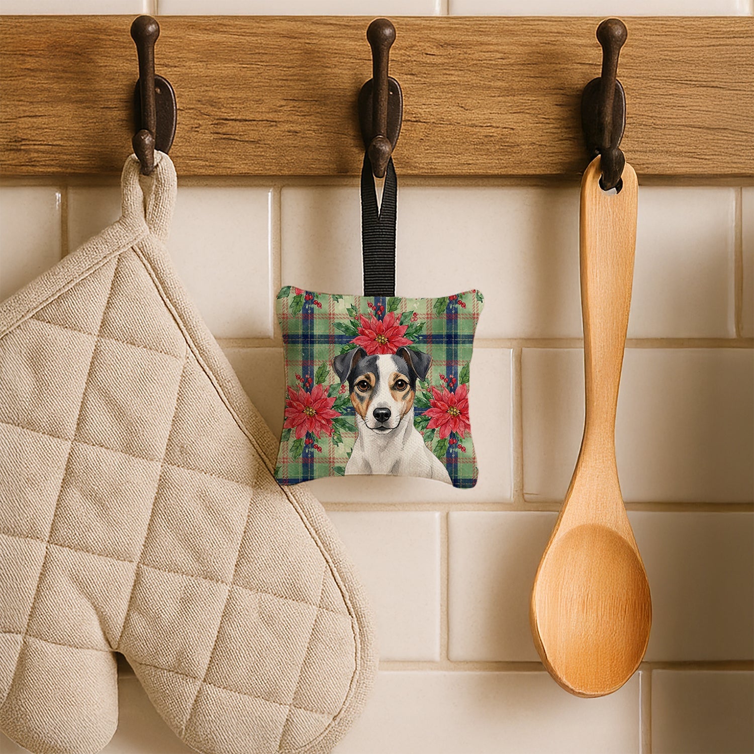 White and Black Jack Russell Terrier Christmas PoinsettIas Hanging Square Fabric Ornament 3.5 � 3.5 Decorative Door-Knob & Tree Hanger, Soft Fabric