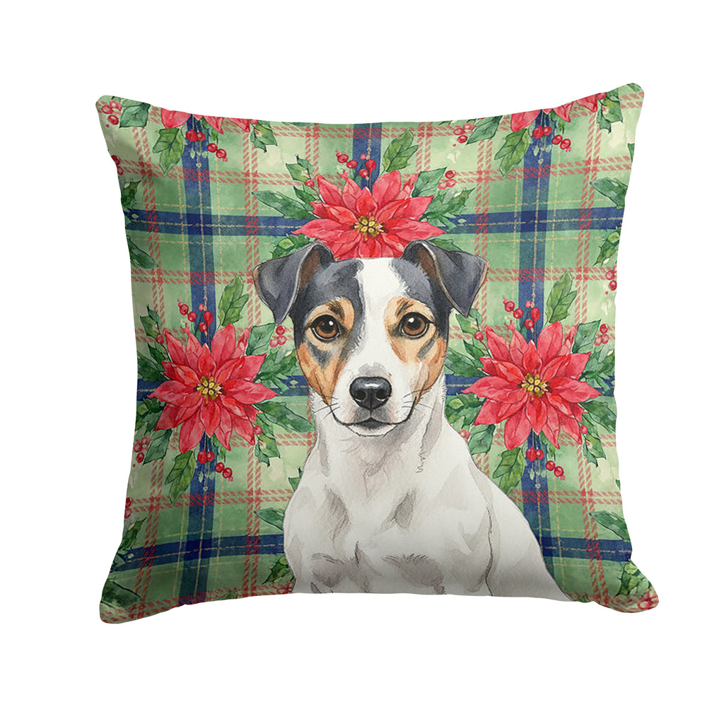 White and Black Jack Russell Terrier Christmas PoinsettIas Decorative Throw Pillow 14x14 Indoor Outdoor Accent Cushion, Fabric Cover with Insert for Sofa, Bed, Porch & Living Room