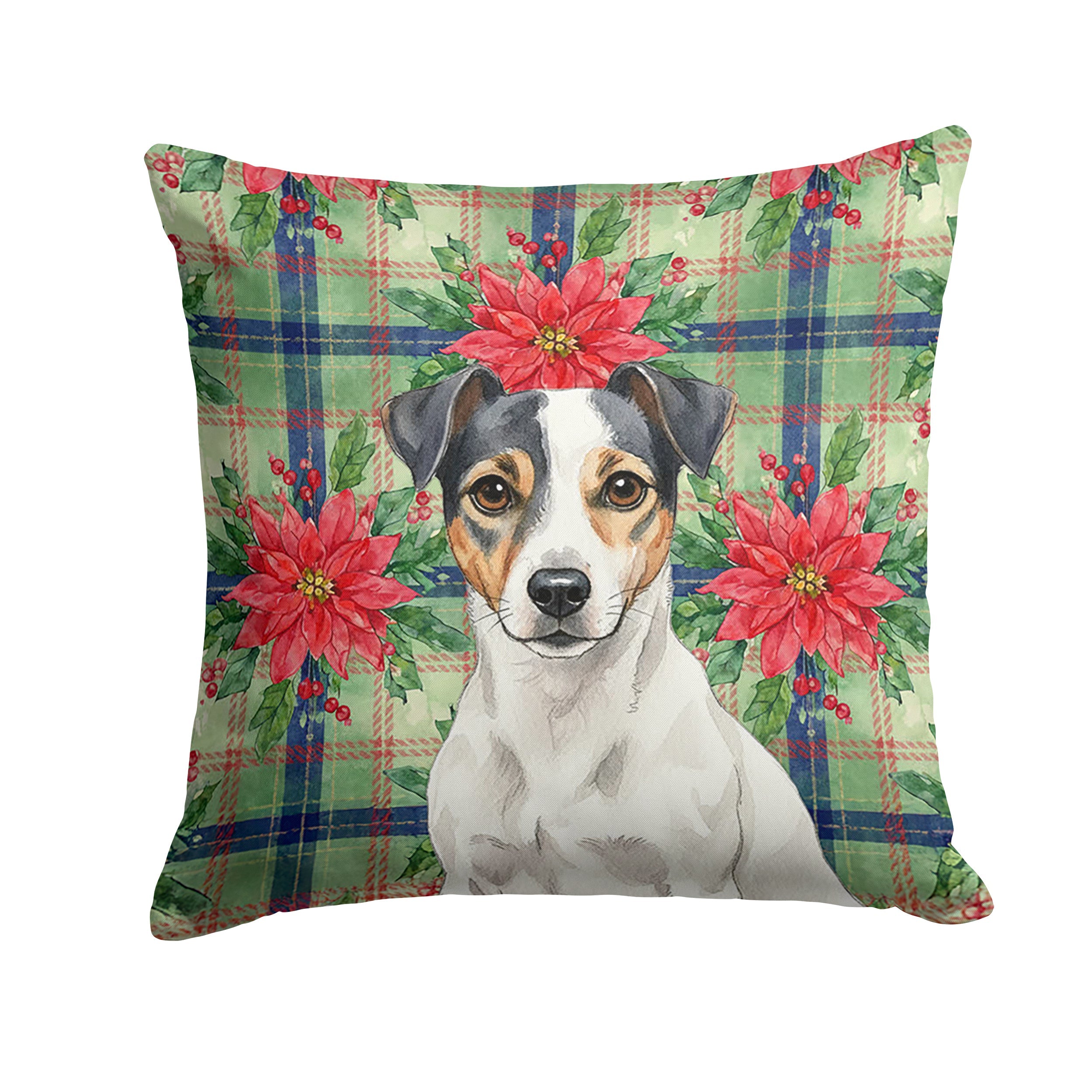 White and Black Jack Russell Terrier Christmas PoinsettIas Decorative Throw Pillow 14x14 Indoor Outdoor Accent Cushion, Fabric Cover with Insert for Sofa, Bed, Porch & Living Room