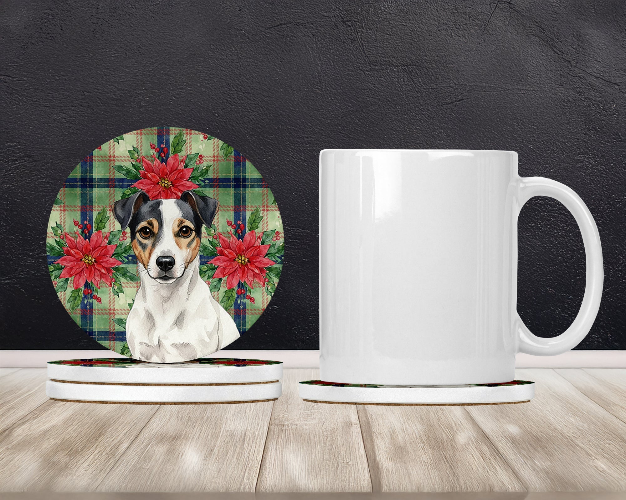 White and Black Jack Russell Terrier Christmas PoinsettIas Large Sandstone Coasters Pack of 4 Absorbent Round Coasters Decor Gifts for Men or Women, 4 in, Multicolor