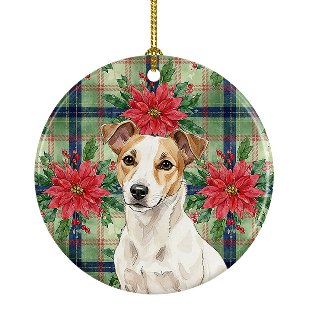 White and Tan Jack Russell Terrier Christmas PoinsettIas Ceramic Ornament Christmas Tree Hanging Decorations for Home Christmas Holiday, Party, Gift, 3 in, Multicolor