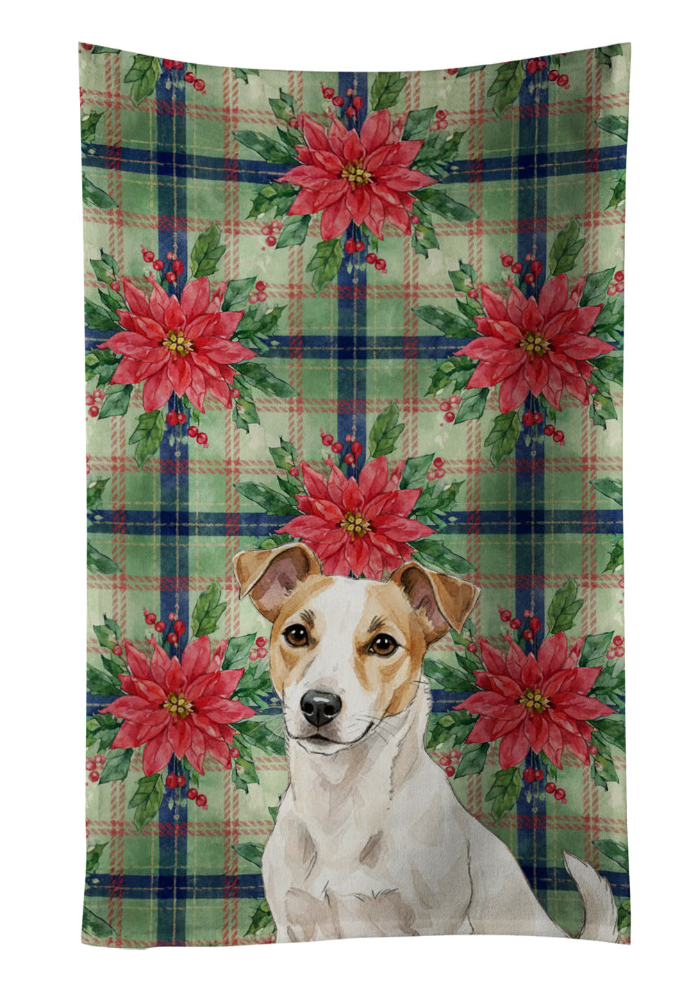White and Tan Jack Russell Terrier Christmas PoinsettIas Kitchen Towel Velour Plush Front and Cotton Loop Back Machine Washable