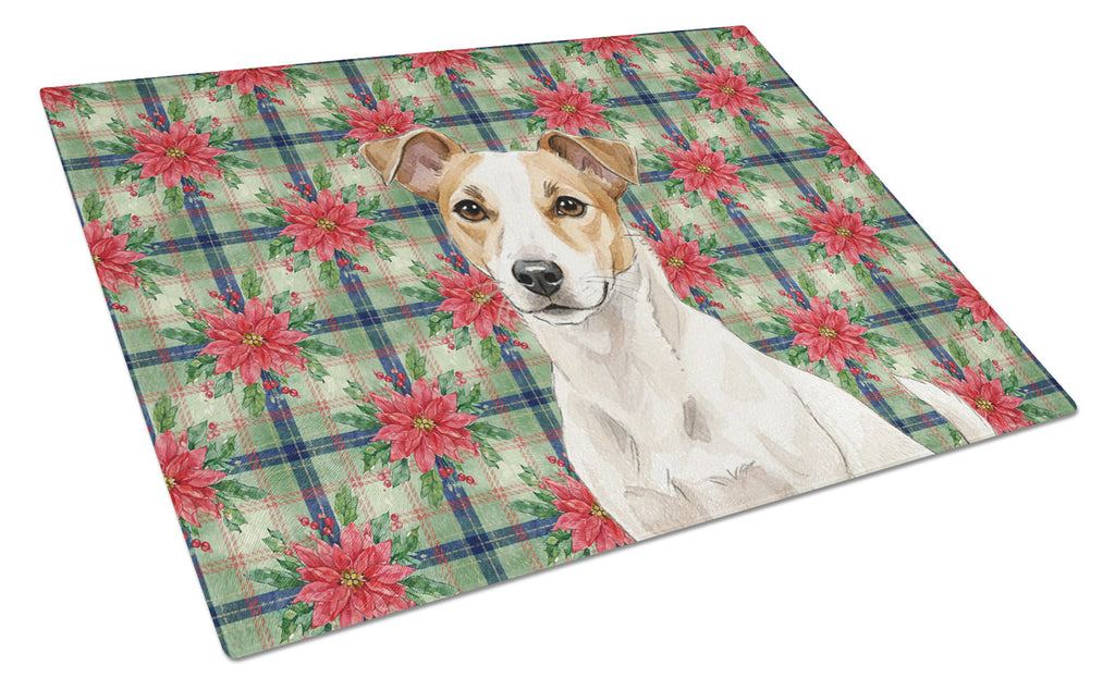 White and Tan Jack Russell Terrier Christmas PoinsettIas Cutting Board Tempered Glass Kitchen Cutting Surface, Heat Resistant Chopping, Non-Slip Feet, Food Prep & Serving