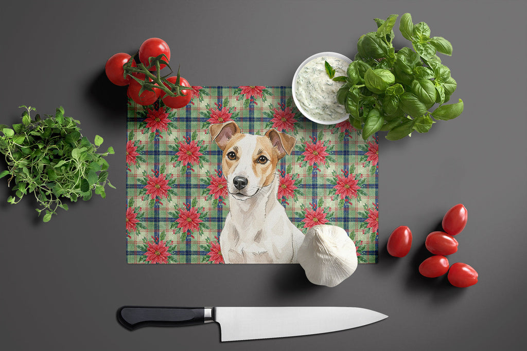 White and Tan Jack Russell Terrier Christmas PoinsettIas Cutting Board Tempered Glass Kitchen Cutting Surface, Heat Resistant Chopping, Non-Slip Feet, Food Prep & Serving
