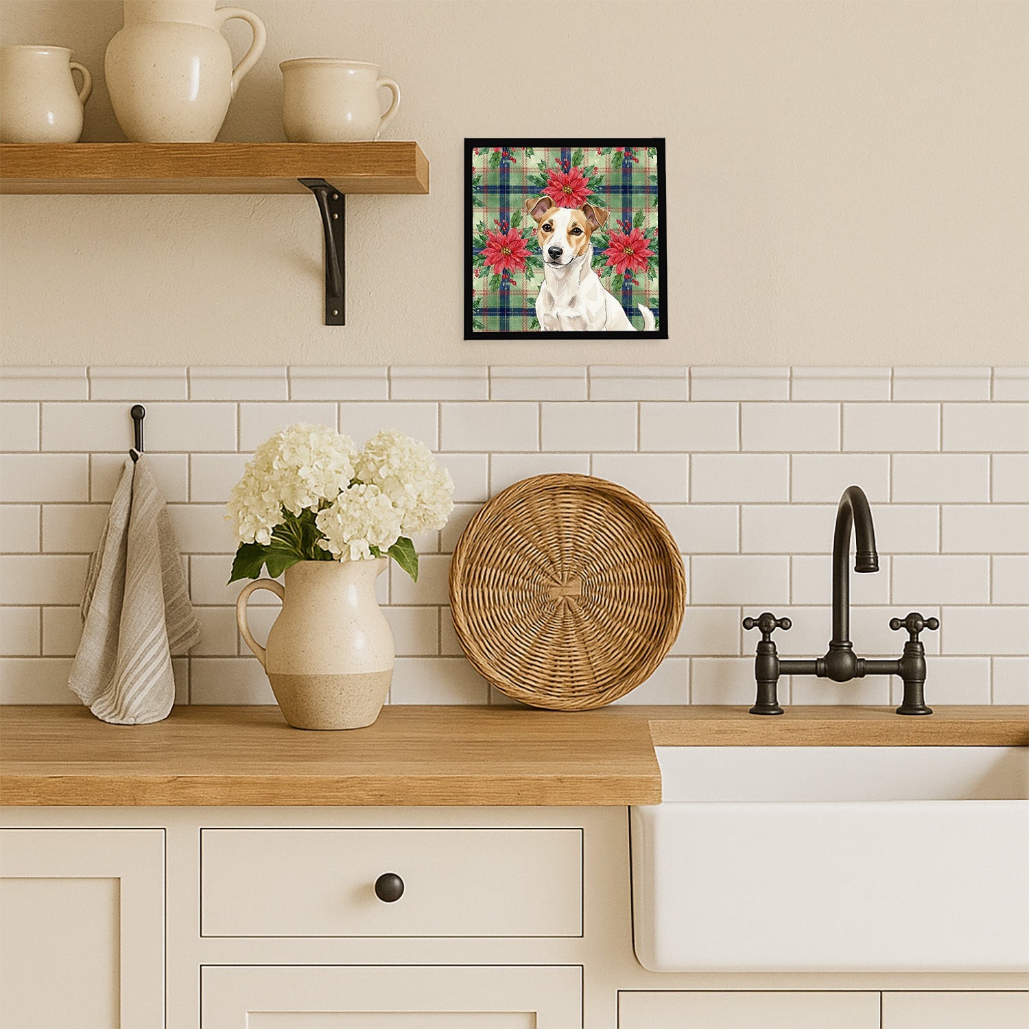 White and Tan Jack Russell Terrier Christmas PoinsettIas Framed Metal Print Bathroom, Kitchen, Office, Home Decor Wall Art Ready to Hang, Square, 8X8