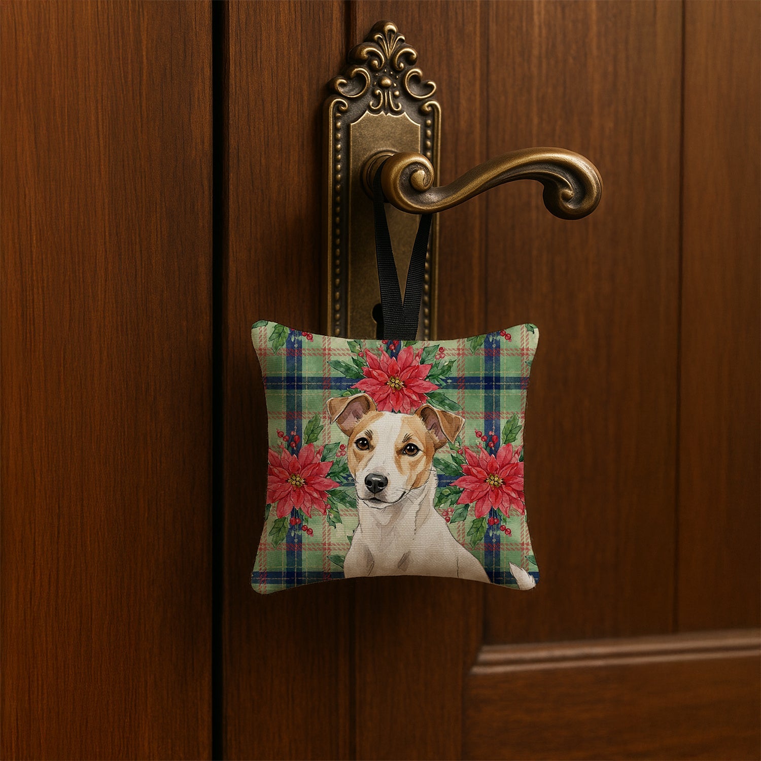 White and Tan Jack Russell Terrier Christmas PoinsettIas Hanging Square Fabric Ornament 3.5 � 3.5 Decorative Door-Knob & Tree Hanger, Soft Fabric