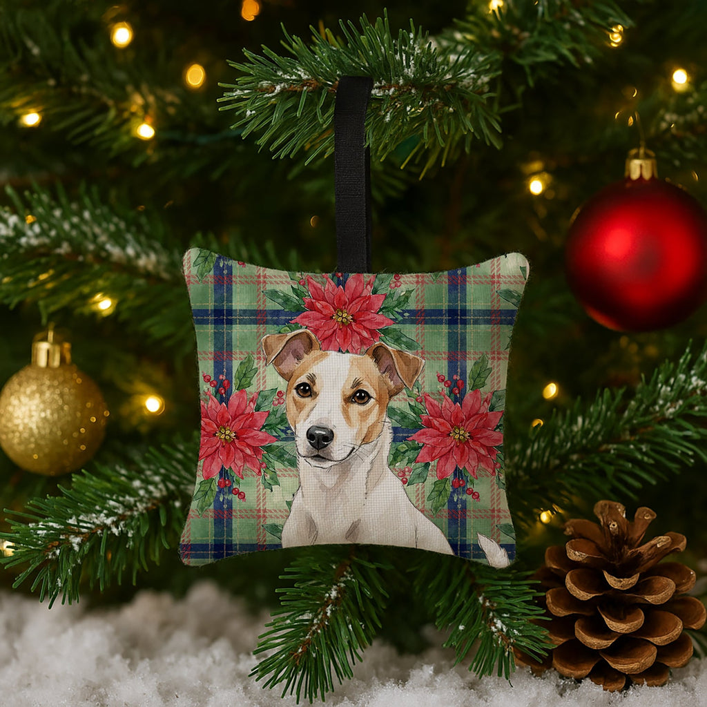 White and Tan Jack Russell Terrier Christmas PoinsettIas Hanging Square Fabric Ornament 3.5 � 3.5 Decorative Door-Knob & Tree Hanger, Soft Fabric