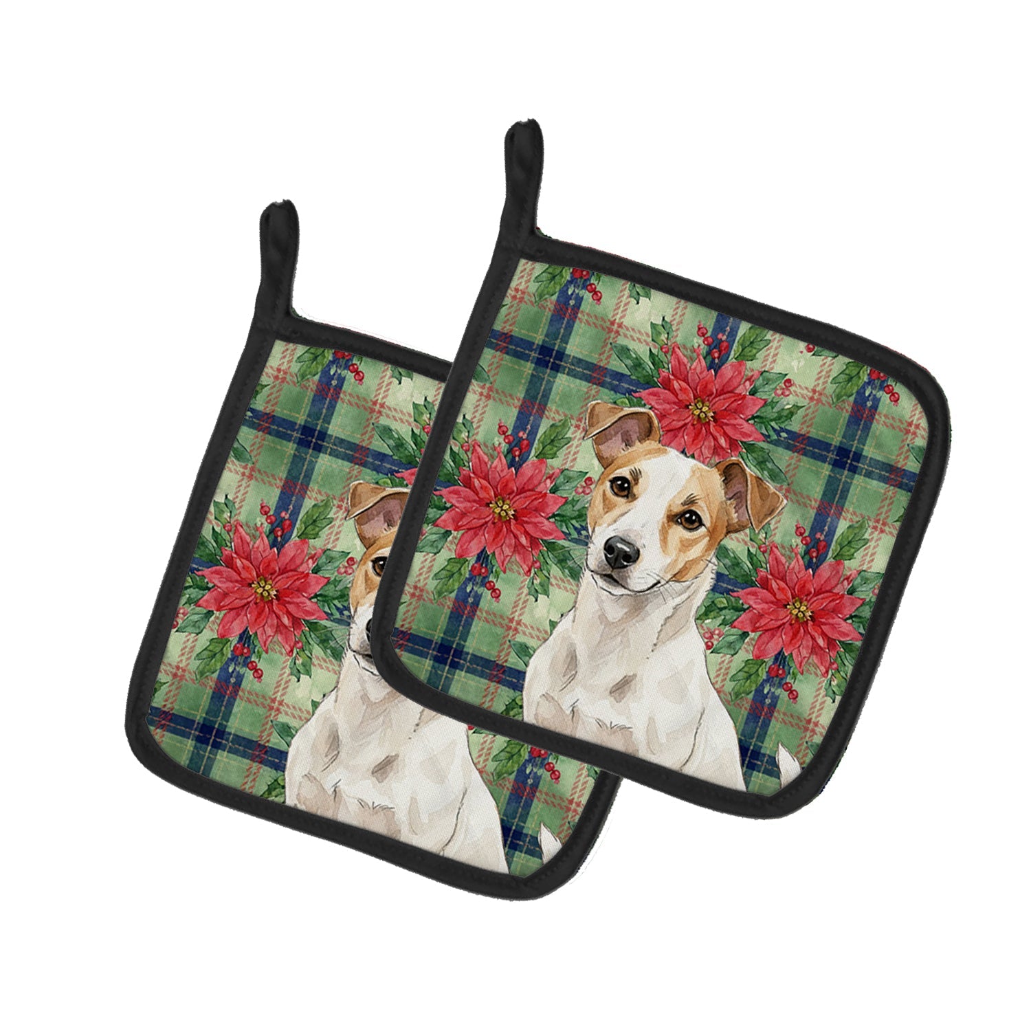 White and Tan Jack Russell Terrier Christmas PoinsettIas Pot Holder Set of 2 Heat Resistant Quilted Hot Pads 7.5 x 7.5 Inch, Insulated Kitchen Trivets for Cooking & Baking