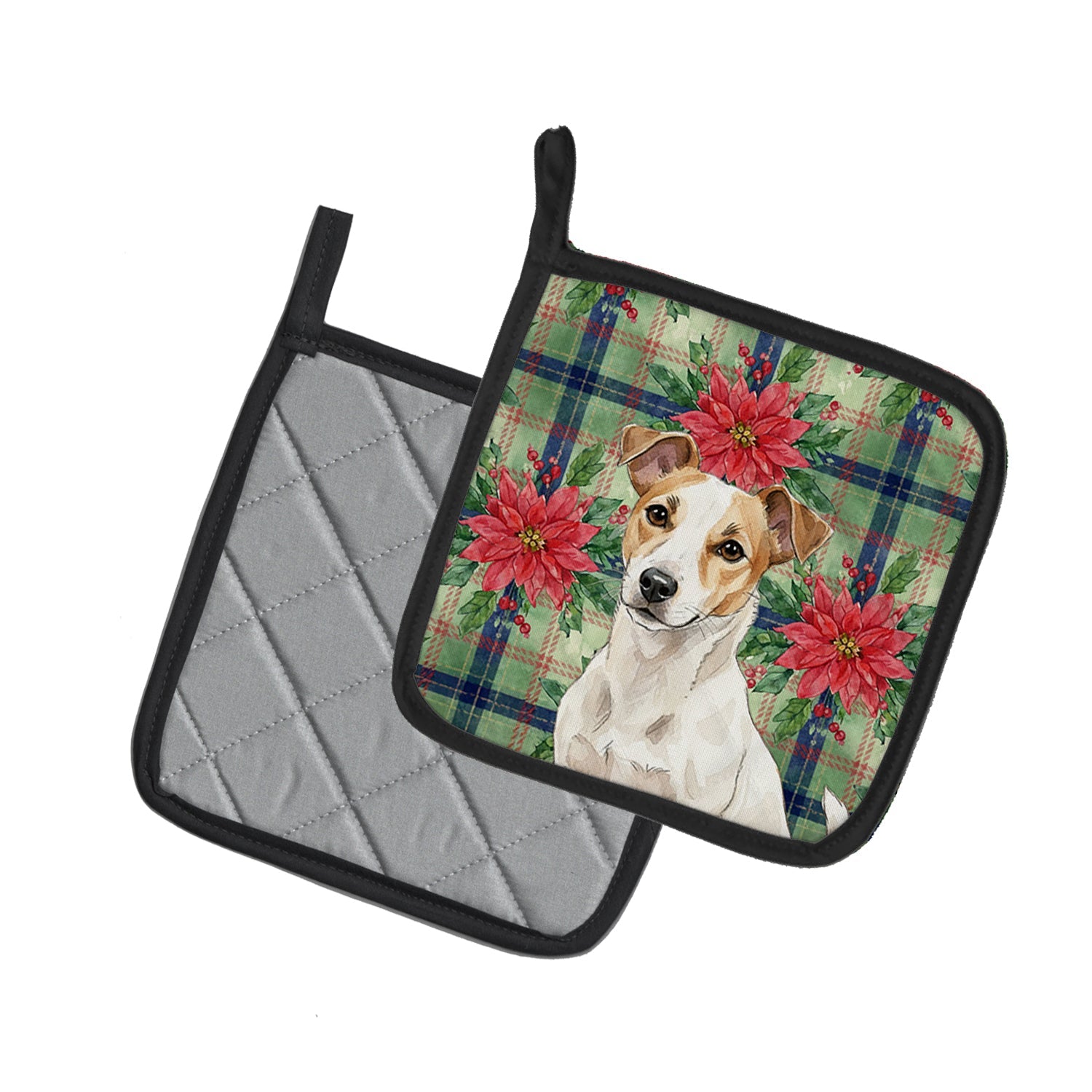 White and Tan Jack Russell Terrier Christmas PoinsettIas Pot Holder Set of 2 Heat Resistant Quilted Hot Pads 7.5 x 7.5 Inch, Insulated Kitchen Trivets for Cooking & Baking