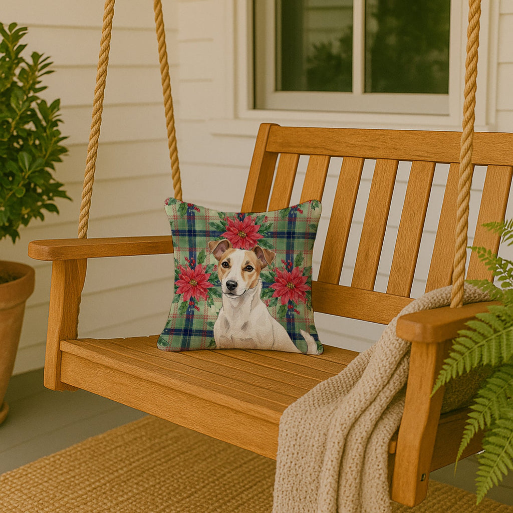 White and Tan Jack Russell Terrier Christmas PoinsettIas Decorative Throw Pillow 14x14 Indoor Outdoor Accent Cushion, Fabric Cover with Insert for Sofa, Bed, Porch & Living Room