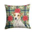 White and Tan Jack Russell Terrier Christmas PoinsettIas Decorative Throw Pillow 18x18 Indoor Outdoor Accent Cushion, Fabric Cover with Insert for Sofa, Bed, Porch & Living Room