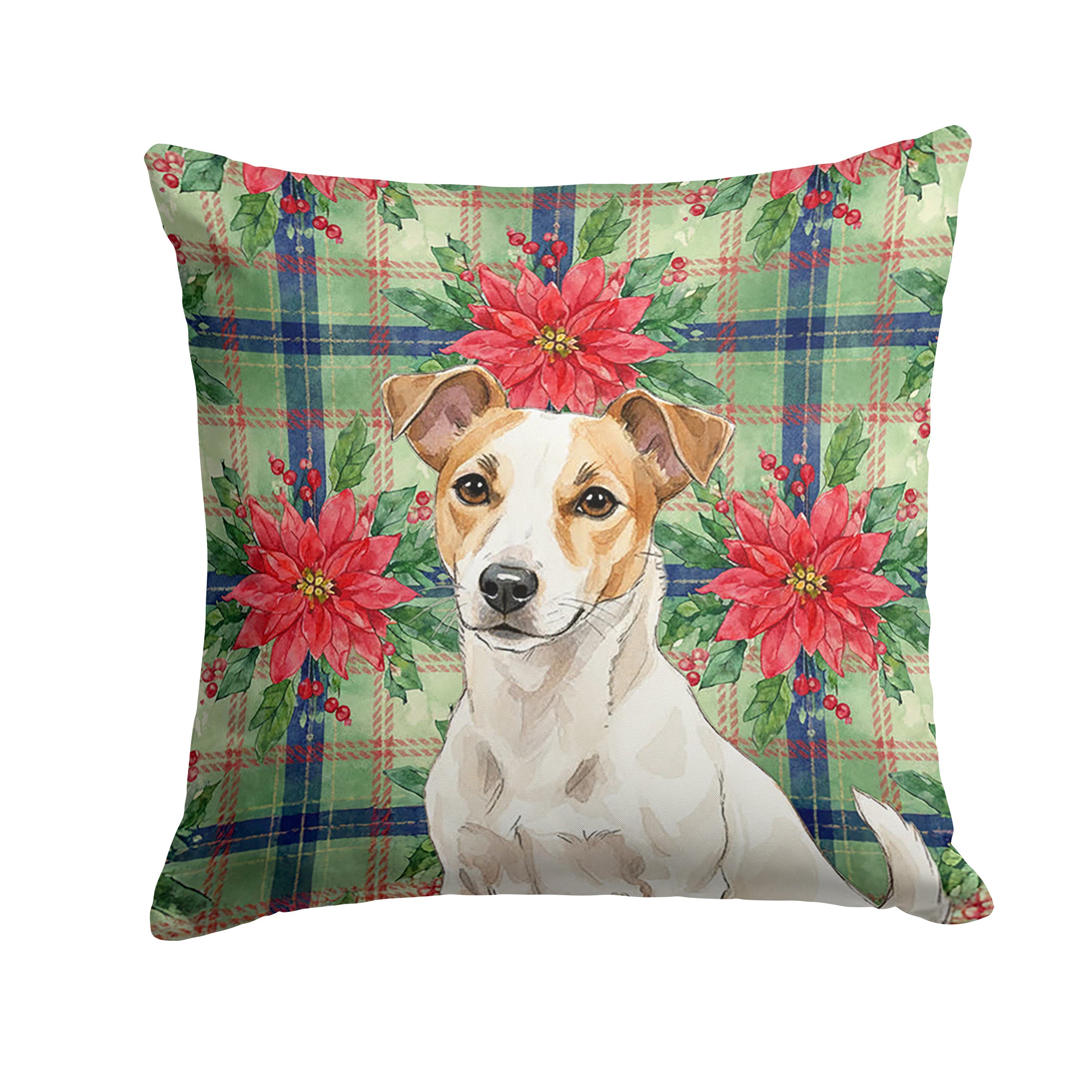 White and Tan Jack Russell Terrier Christmas PoinsettIas Decorative Throw Pillow 18x18 Indoor Outdoor Accent Cushion, Fabric Cover with Insert for Sofa, Bed, Porch & Living Room