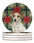 White and Tan Jack Russell Terrier Christmas PoinsettIas Large Sandstone Coasters Pack of 4 Absorbent Round Coasters Decor Gifts for Men or Women, 4 in, Multicolor