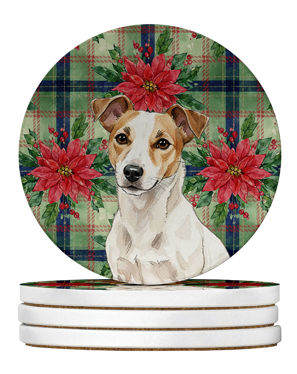 White and Tan Jack Russell Terrier Christmas PoinsettIas Large Sandstone Coasters Pack of 4 Absorbent Round Coasters Decor Gifts for Men or Women, 4 in, Multicolor