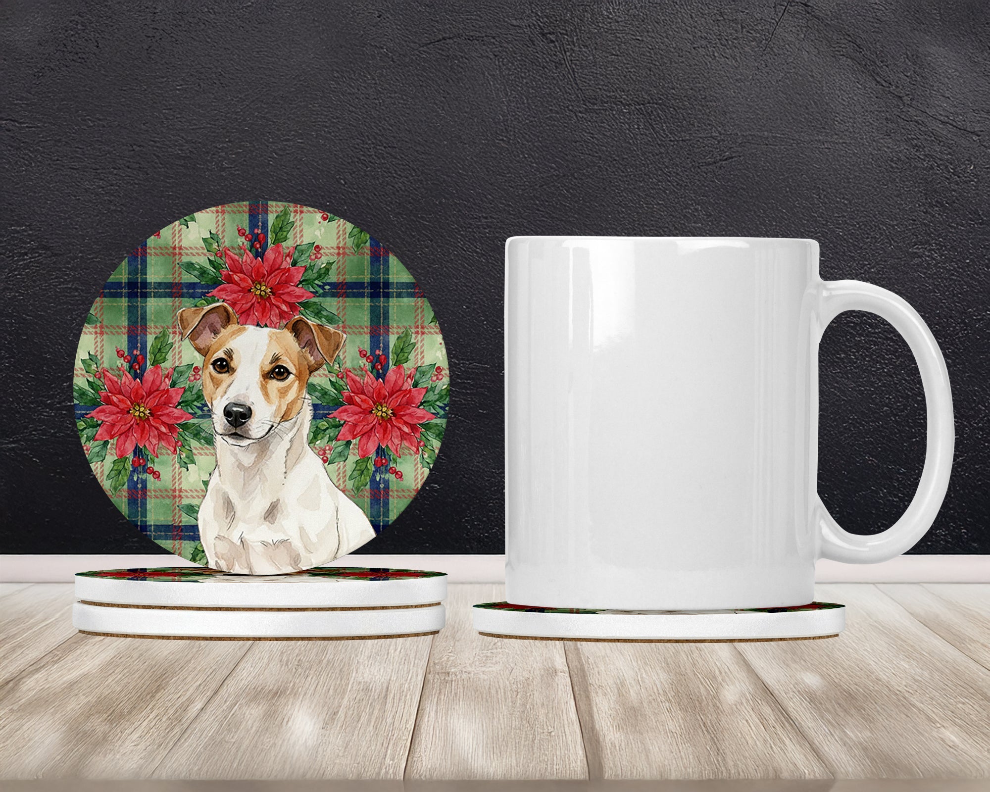 White and Tan Jack Russell Terrier Christmas PoinsettIas Large Sandstone Coasters Pack of 4 Absorbent Round Coasters Decor Gifts for Men or Women, 4 in, Multicolor