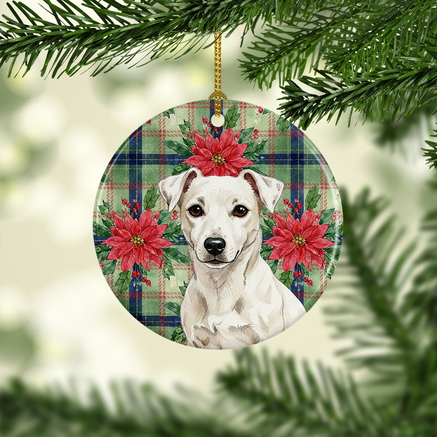 White Jack Russell Terrier Christmas PoinsettIas Ceramic Ornament Christmas Tree Hanging Decorations for Home Christmas Holiday, Party, Gift, 3 in, Multicolor