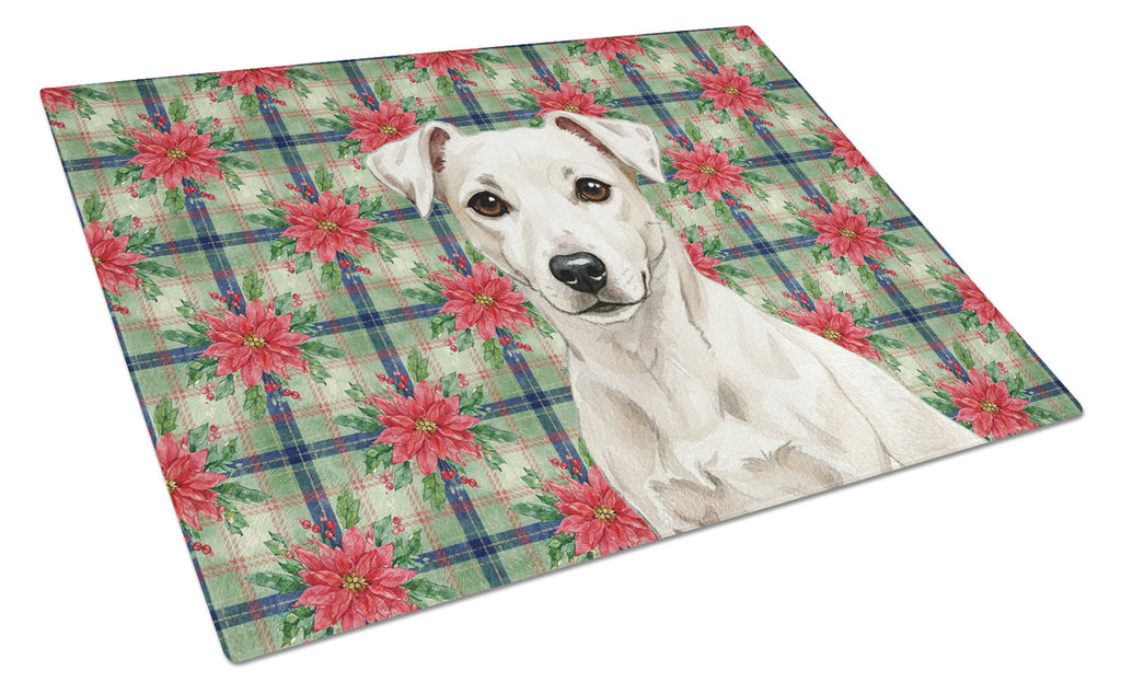 White Jack Russell Terrier Christmas PoinsettIas Cutting Board Tempered Glass Kitchen Cutting Surface, Heat Resistant Chopping, Non-Slip Feet, Food Prep & Serving