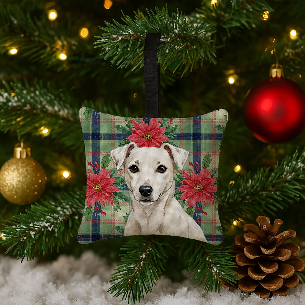 White Jack Russell Terrier Christmas PoinsettIas Hanging Square Fabric Ornament 3.5 � 3.5 Decorative Door-Knob & Tree Hanger, Soft Fabric