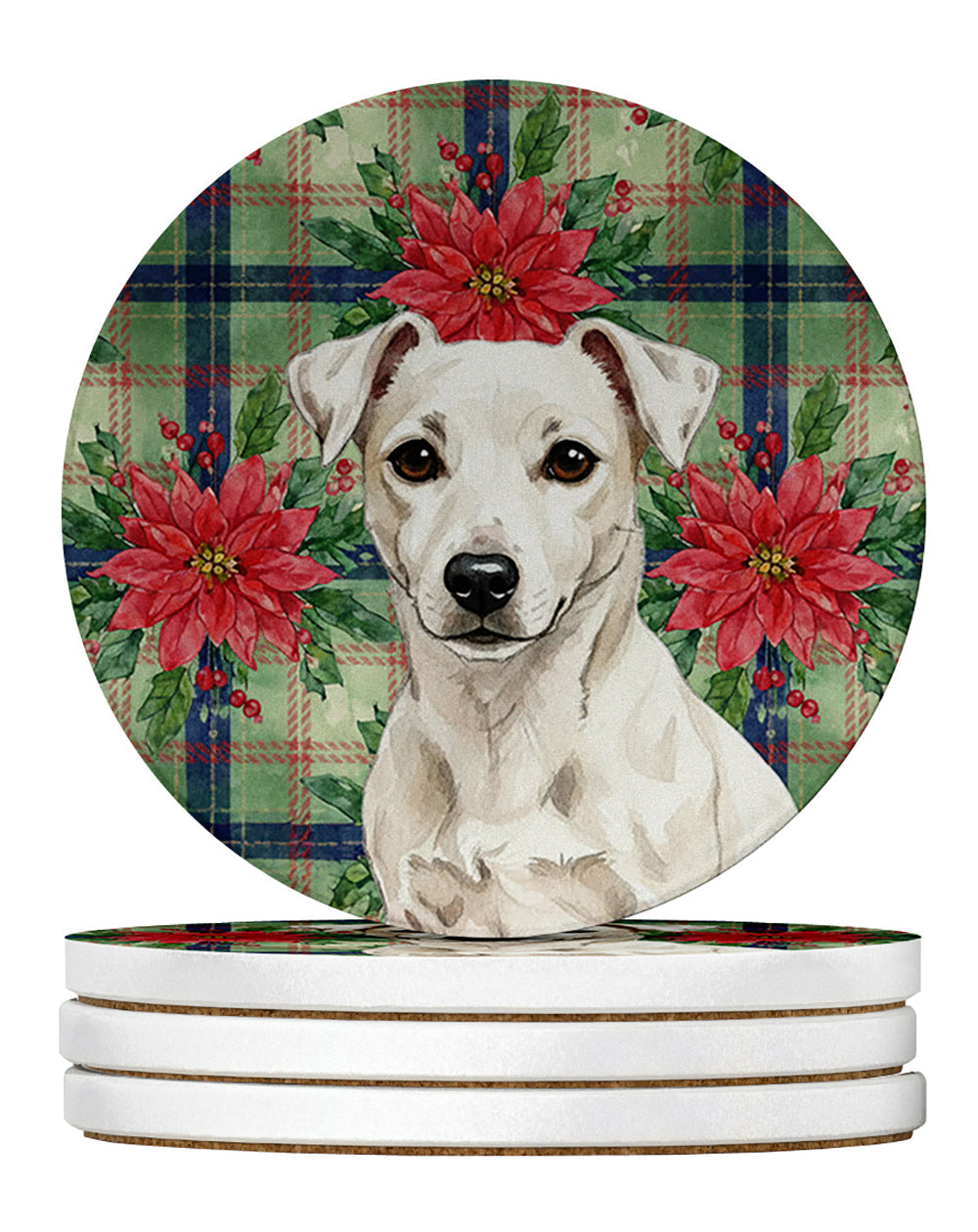 White Jack Russell Terrier Christmas PoinsettIas Large Sandstone Coasters Pack of 4 Absorbent Round Coasters Decor Gifts for Men or Women, 4 in, Multicolor