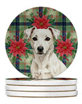 White Jack Russell Terrier Christmas PoinsettIas Large Sandstone Coasters Pack of 4 Absorbent Round Coasters Decor Gifts for Men or Women, 4 in, Multicolor