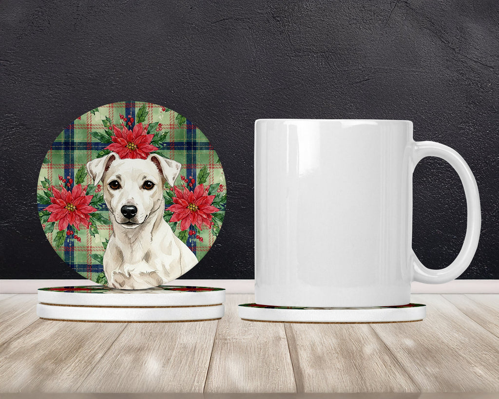 White Jack Russell Terrier Christmas PoinsettIas Large Sandstone Coasters Pack of 4 Absorbent Round Coasters Decor Gifts for Men or Women, 4 in, Multicolor
