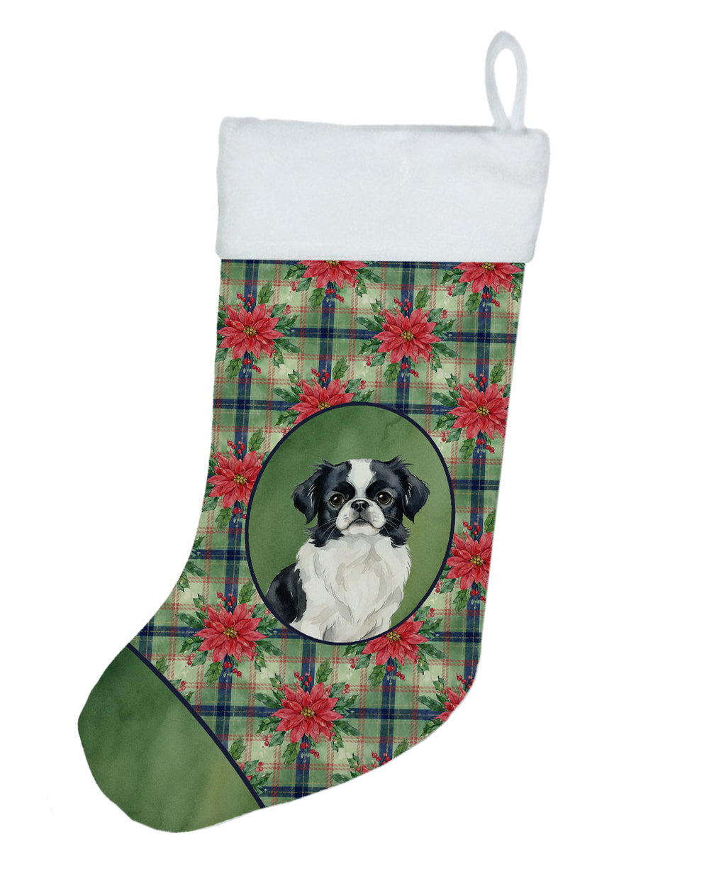 Black and White Japanese Chin Christmas PoinsettIas Holiday Stocking Double-Sided Print, Polyester Suede,11x18, Made in USA