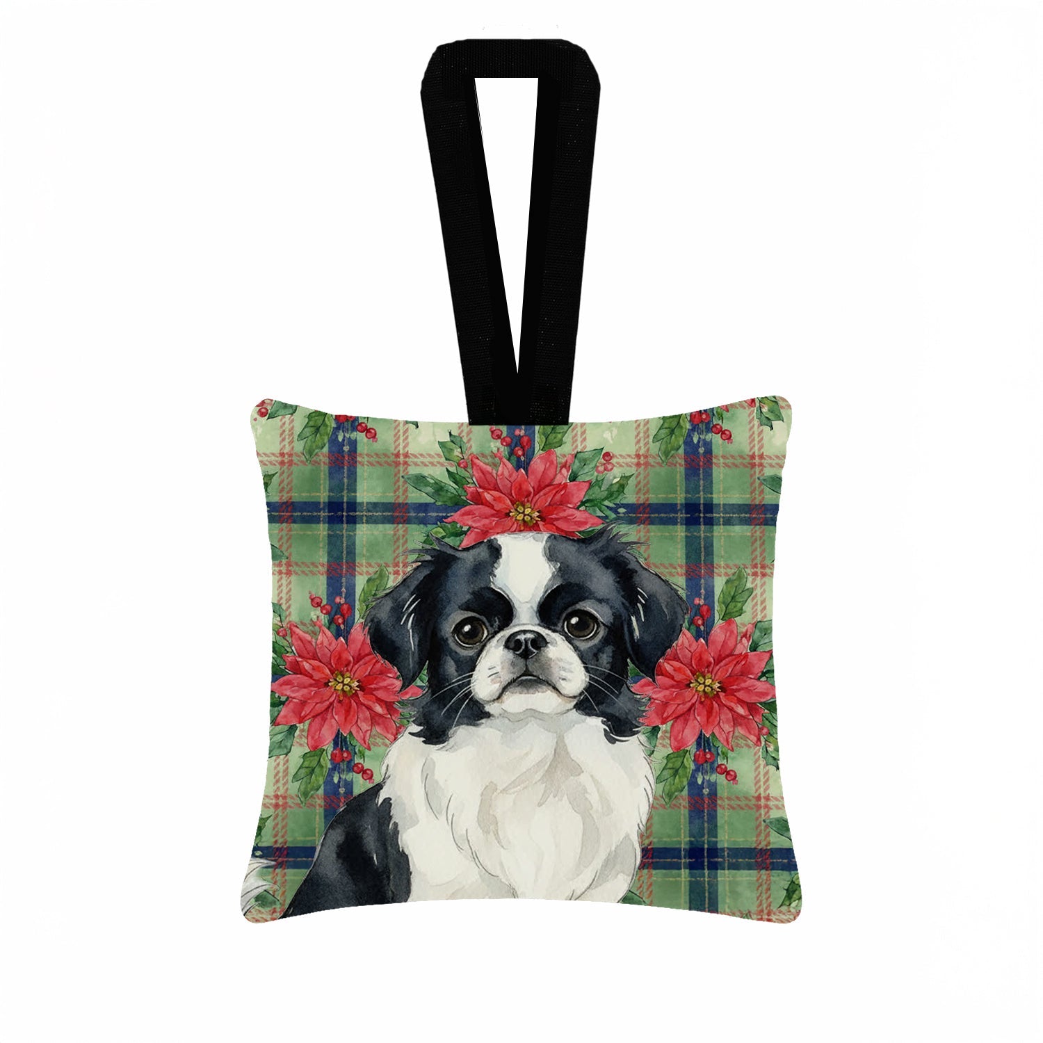Black and White Japanese Chin Christmas PoinsettIas Hanging Square Fabric Ornament 3.5 � 3.5 Decorative Door-Knob & Tree Hanger, Soft Fabric