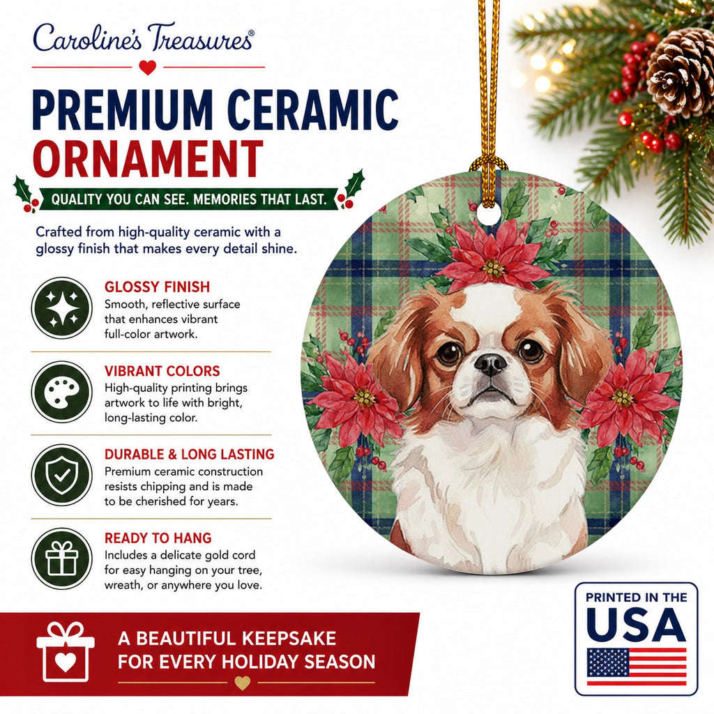 Red and White Japanese Chin Christmas PoinsettIas Ceramic Ornament Christmas Tree Hanging Decorations for Home Christmas Holiday, Party, Gift, 3 in, Multicolor