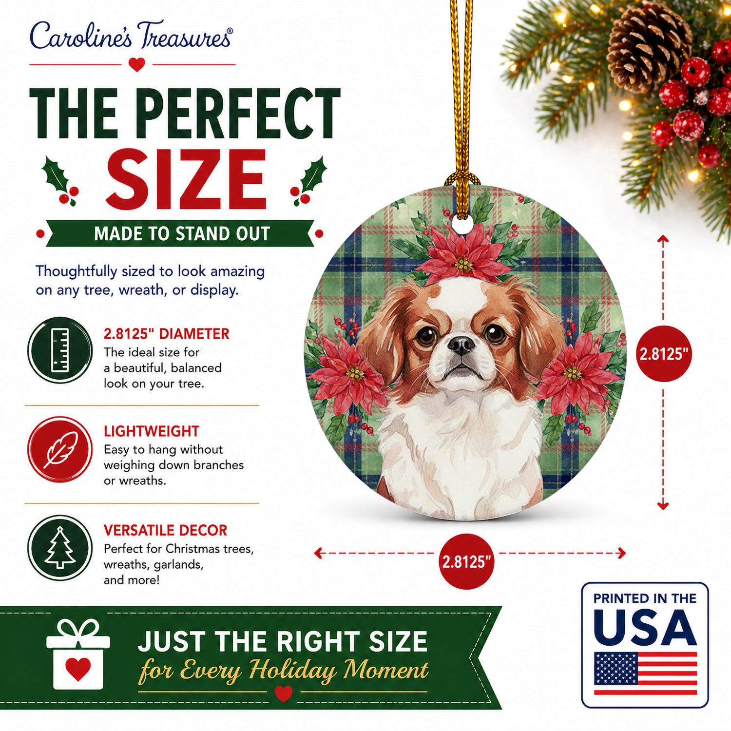 Red and White Japanese Chin Christmas PoinsettIas Ceramic Ornament Christmas Tree Hanging Decorations for Home Christmas Holiday, Party, Gift, 3 in, Multicolor