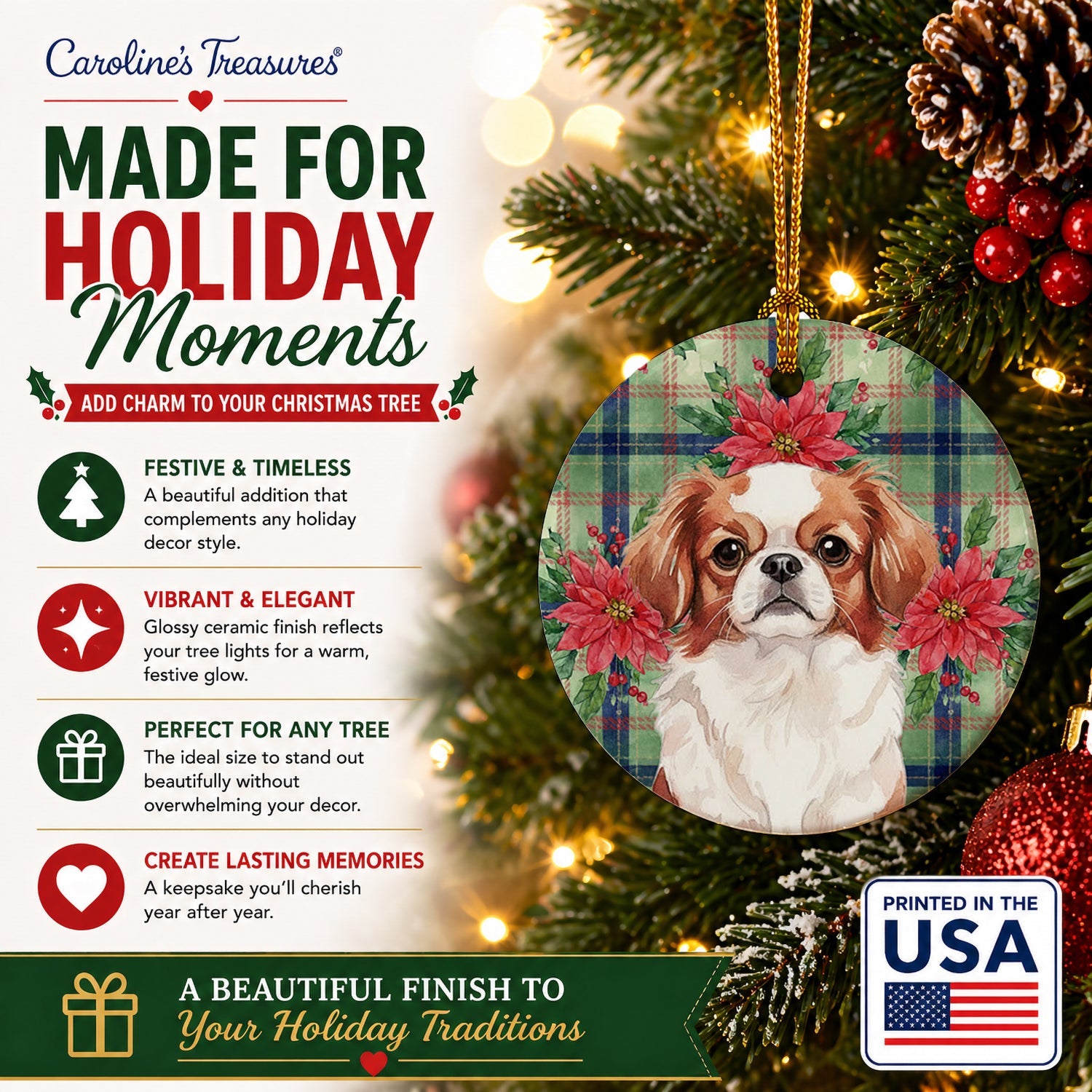 Red and White Japanese Chin Christmas PoinsettIas Ceramic Ornament Christmas Tree Hanging Decorations for Home Christmas Holiday, Party, Gift, 3 in, Multicolor