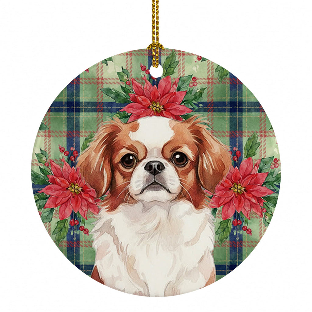 Red and White Japanese Chin Christmas PoinsettIas Ceramic Ornament Christmas Tree Hanging Decorations for Home Christmas Holiday, Party, Gift, 3 in, Multicolor