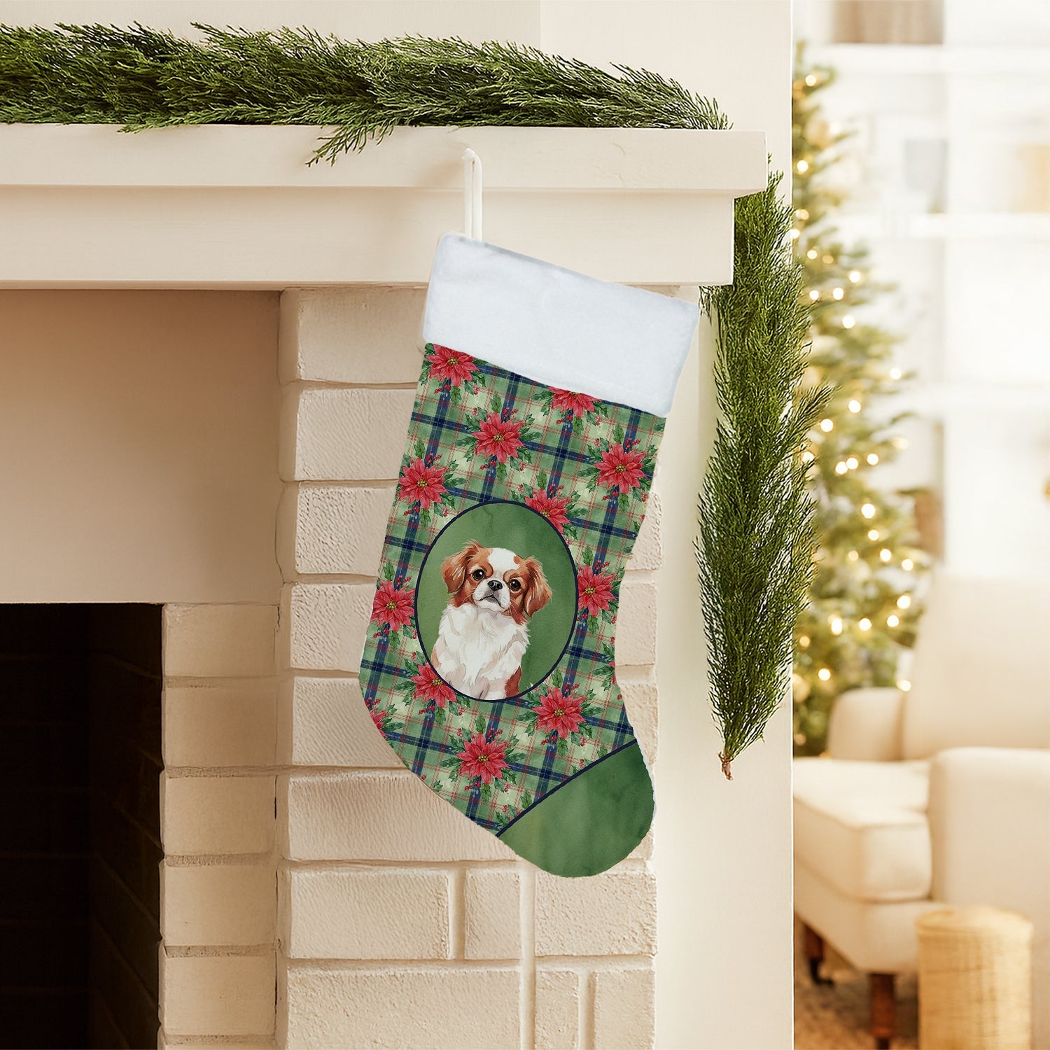 Red and White Japanese Chin Christmas PoinsettIas Holiday Stocking Double-Sided Print, Polyester Suede,11x18, Made in USA