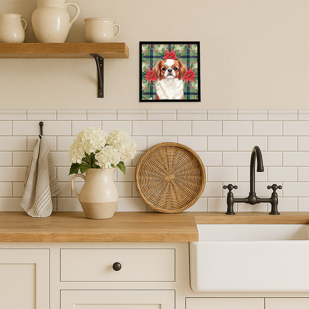 Red and White Japanese Chin Christmas PoinsettIas Framed Metal Print Bathroom, Kitchen, Office, Home Decor Wall Art Ready to Hang, Square, 8X8