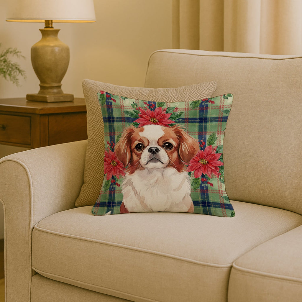 Red and White Japanese Chin Christmas PoinsettIas Decorative Throw Pillow 18x18 Indoor Outdoor Accent Cushion, Fabric Cover with Insert for Sofa, Bed, Porch & Living Room