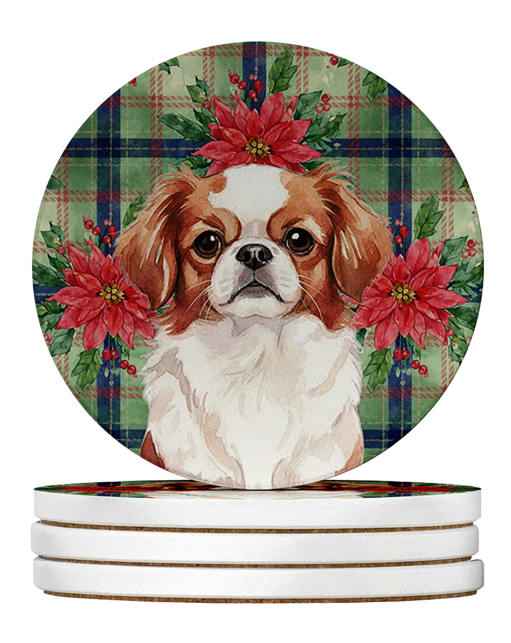 Red and White Japanese Chin Christmas PoinsettIas Large Sandstone Coasters Pack of 4 Absorbent Round Coasters Decor Gifts for Men or Women, 4 in, Multicolor