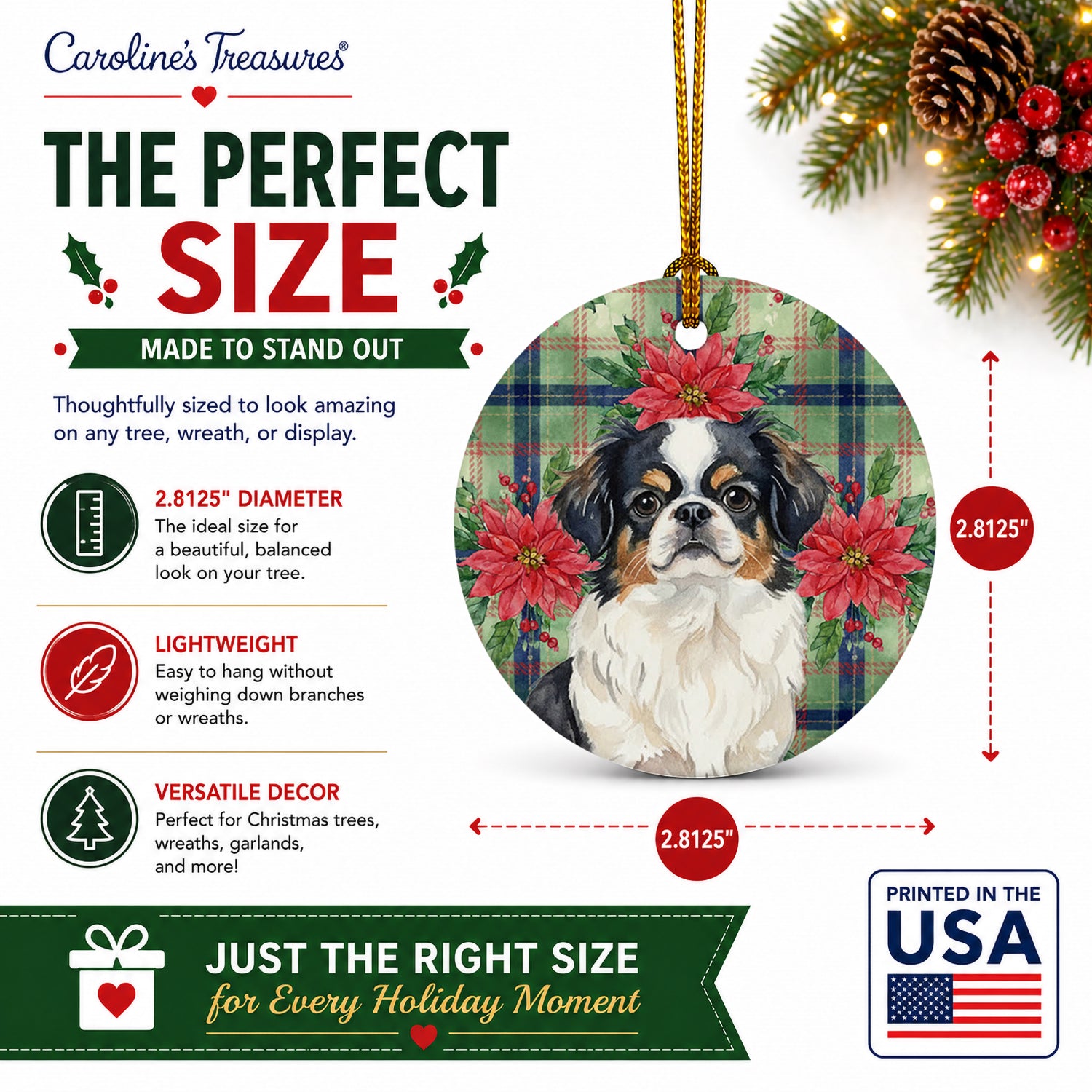Tricolor Japanese Chin Christmas PoinsettIas Ceramic Ornament Christmas Tree Hanging Decorations for Home Christmas Holiday, Party, Gift, 3 in, Multicolor