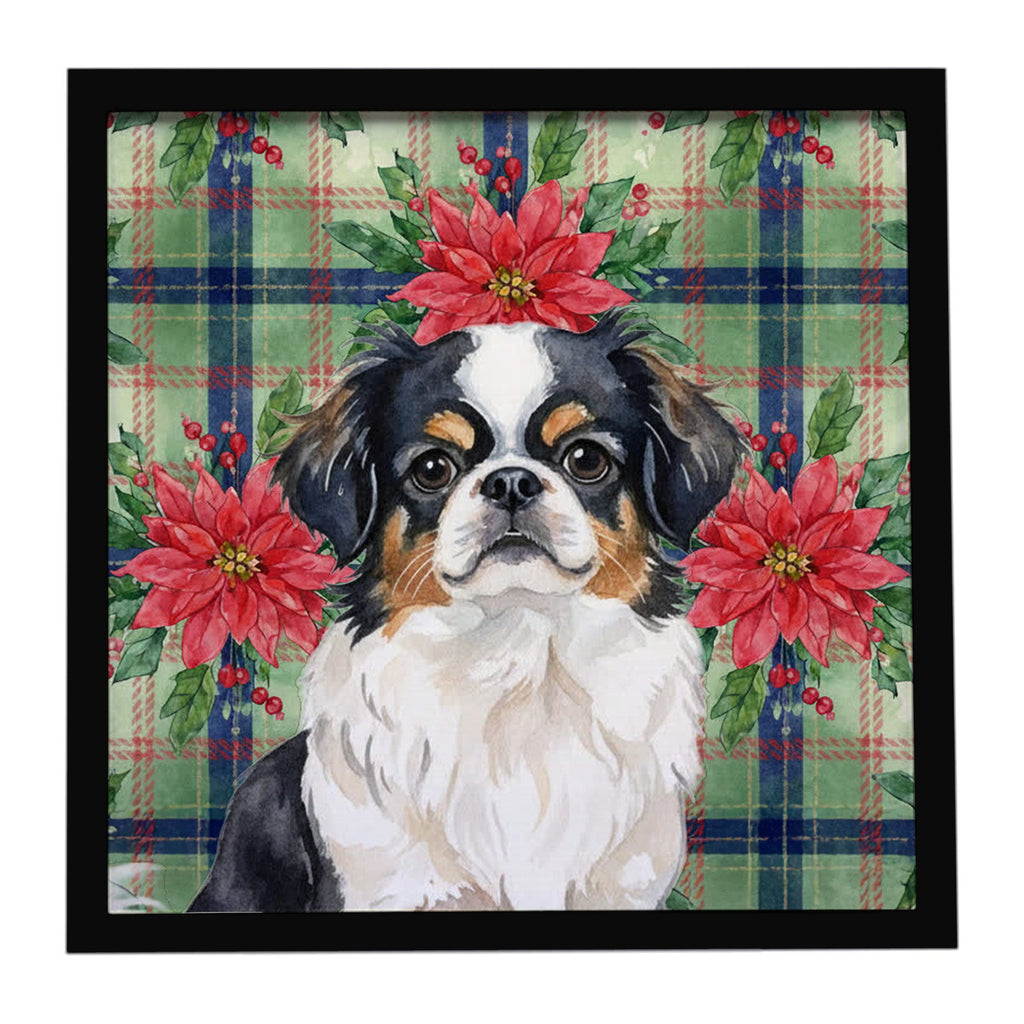 Tricolor Japanese Chin Christmas PoinsettIas Framed Metal Print Bathroom, Kitchen, Office, Home Decor Wall Art Ready to Hang, Square, 8X8
