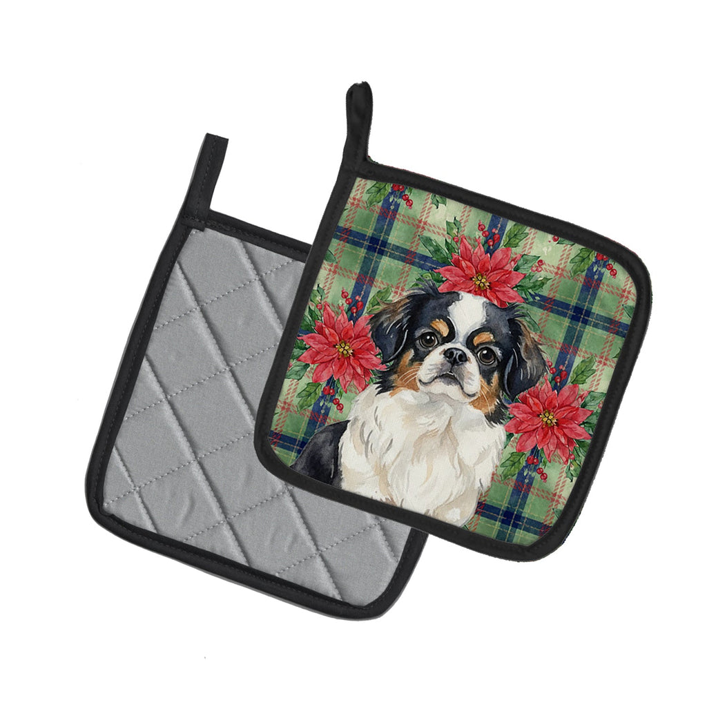 Tricolor Japanese Chin Christmas PoinsettIas Pot Holder Set of 2 Heat Resistant Quilted Hot Pads 7.5 x 7.5 Inch, Insulated Kitchen Trivets for Cooking & Baking