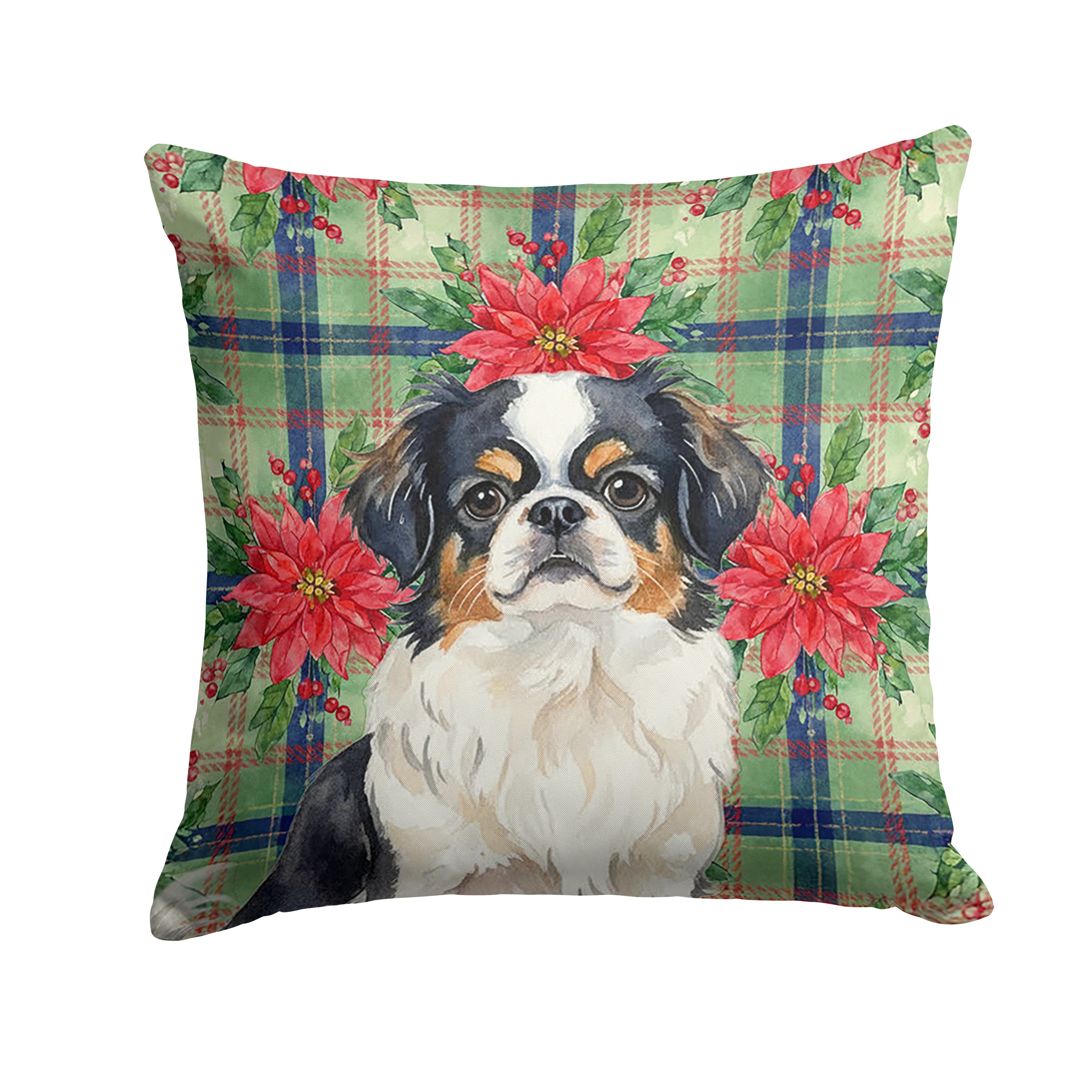 Tricolor Japanese Chin Christmas PoinsettIas Decorative Throw Pillow 18x18 Indoor Outdoor Accent Cushion, Fabric Cover with Insert for Sofa, Bed, Porch & Living Room