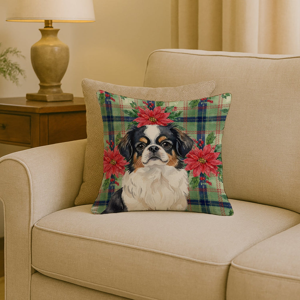 Tricolor Japanese Chin Christmas PoinsettIas Decorative Throw Pillow 18x18 Indoor Outdoor Accent Cushion, Fabric Cover with Insert for Sofa, Bed, Porch & Living Room