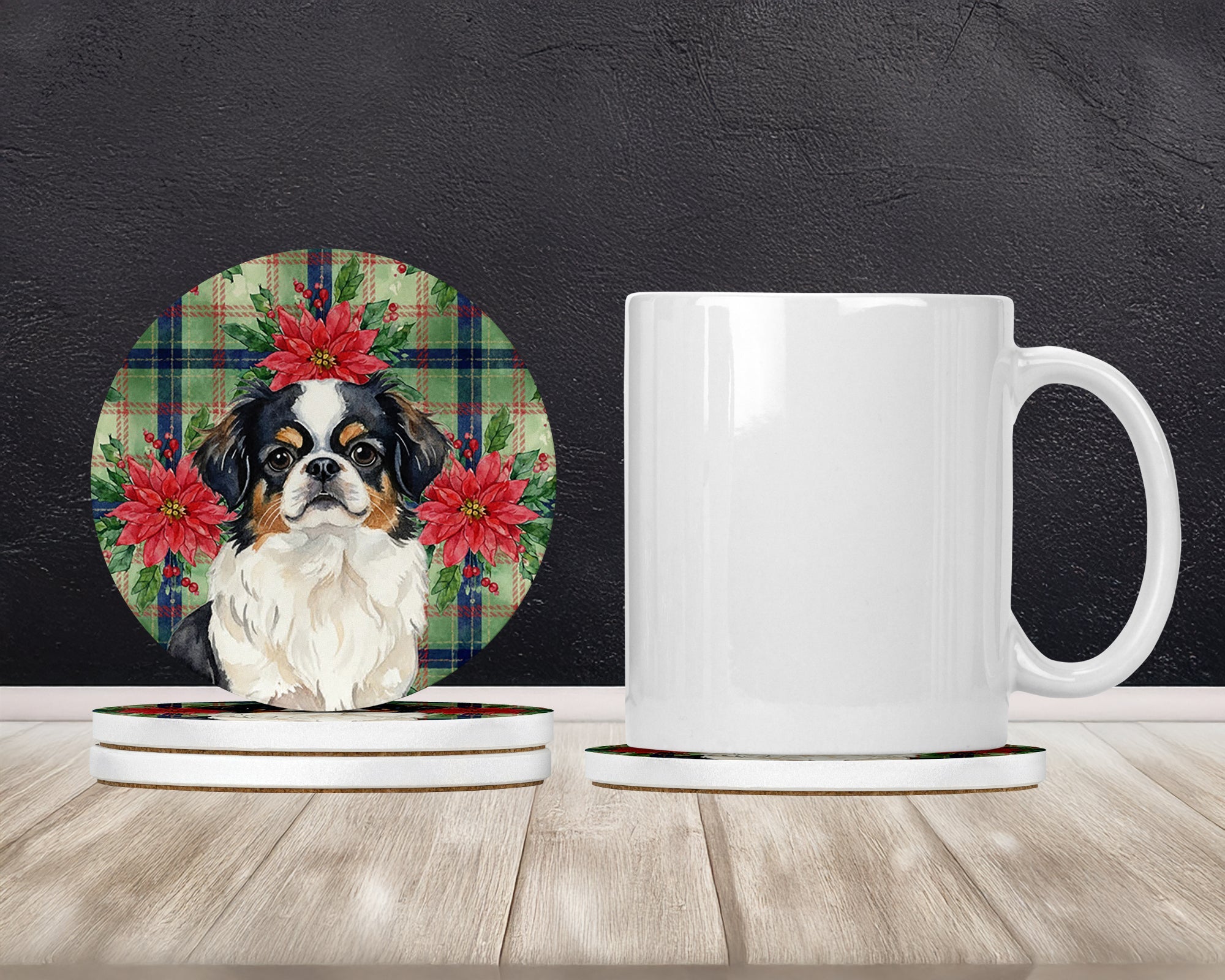 Tricolor Japanese Chin Christmas PoinsettIas Large Sandstone Coasters Pack of 4 Absorbent Round Coasters Decor Gifts for Men or Women, 4 in, Multicolor